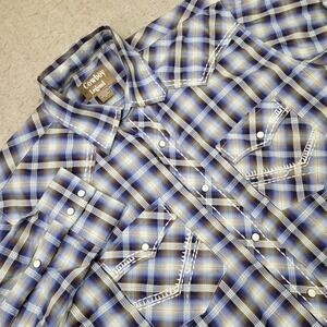 Cowboy Legend Shirt Men's XL Western Pearl Snaps Long Sleeves Blue Plaid Vintage